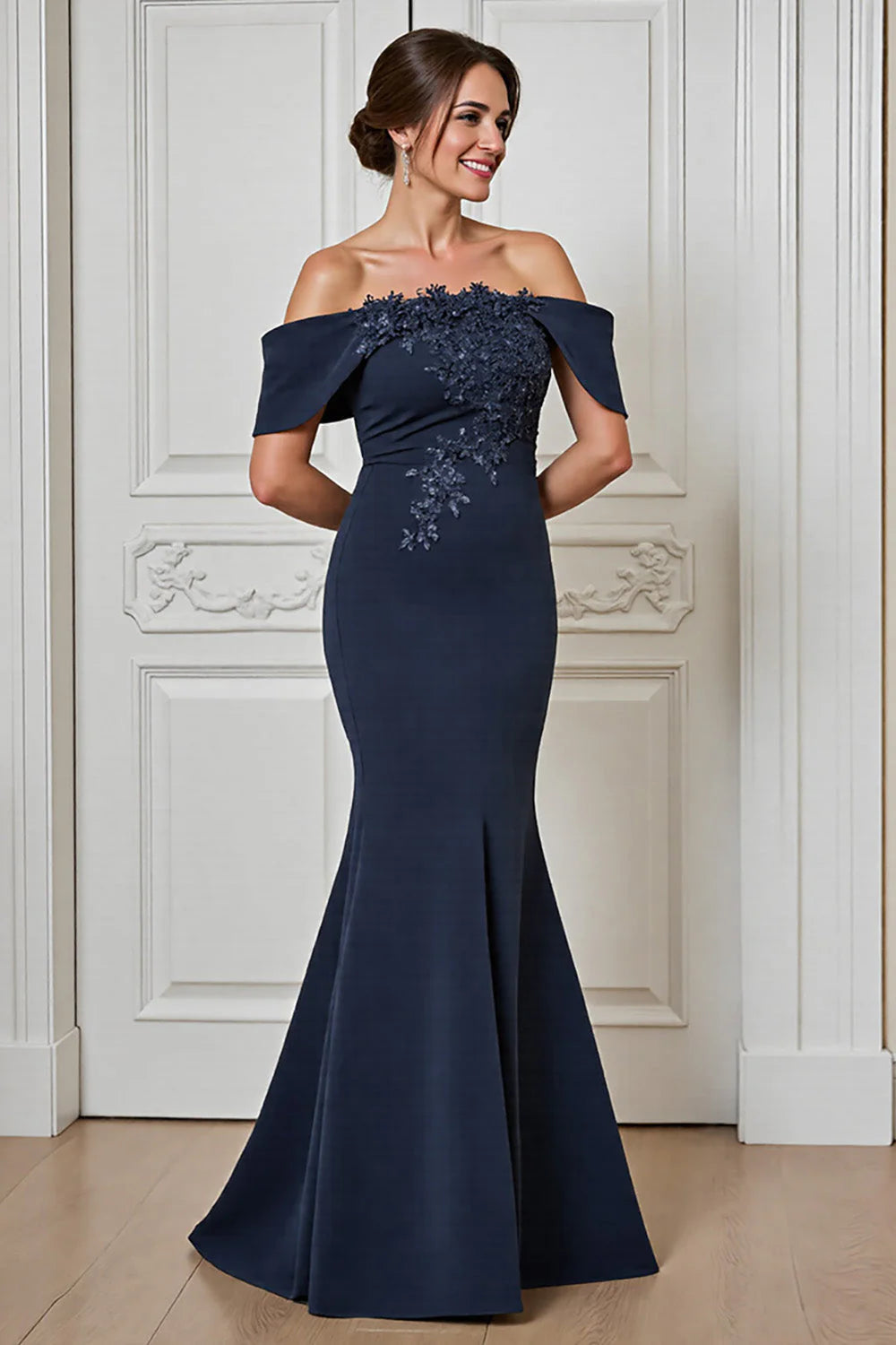 Satin Navy Off the Shoulder Long Full Of Charm Mother of Bride Dress